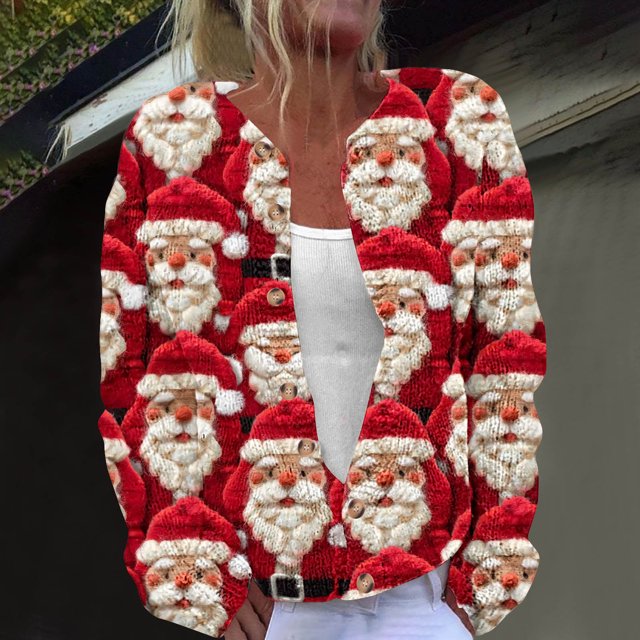 Jsaierl Ugly Christmas Cardigan Sweaters for Women Santa Print Button Down Cardigans Long Sleeve Open Front Knit Coat