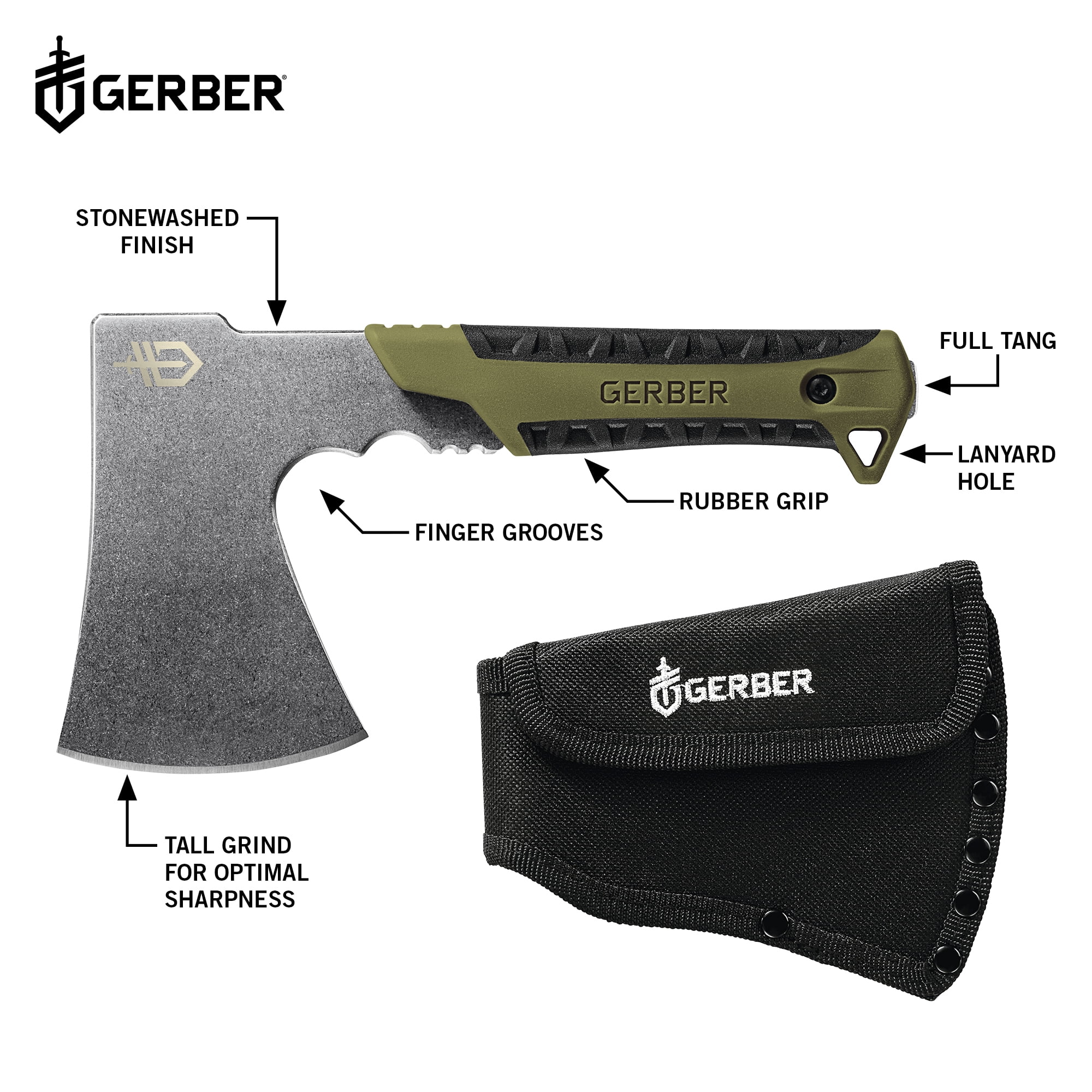 Gerber Gear Camping Pack Hatchet with Sheath, in Green 2.5-in Steel Blade with Full Tang