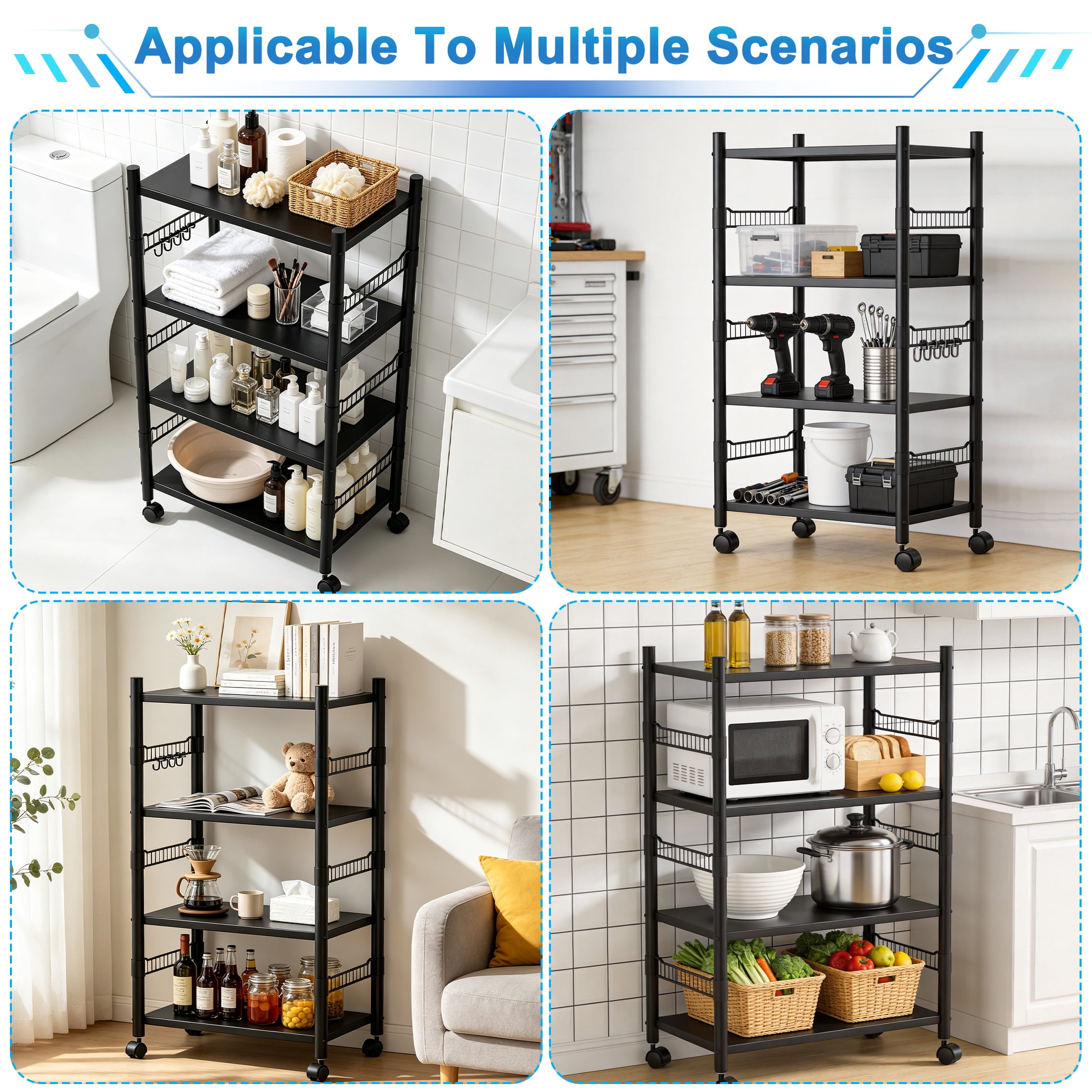 4 Tier Rolling Storage Cart, Metal Kitchen Storage Rack with Wheels, Multifunctional Adjustable Utility Shelving Unit, Mobile Organizer Shelf for Kitchen, Bathroom, Pantry & Laundry Room