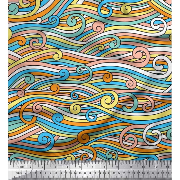 Soimoi Blue polyester Crepe Fabric Artistic Waves Abstract Print Sewing Fabric Yard 42 Inch Wide