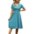 thumbnail image 5 of Women Summer Floral Print V-Neck Dress Short Sleeve High Waist Midi Slim-Fit A-Line Dresses Beach Streetwear, 5 of 13