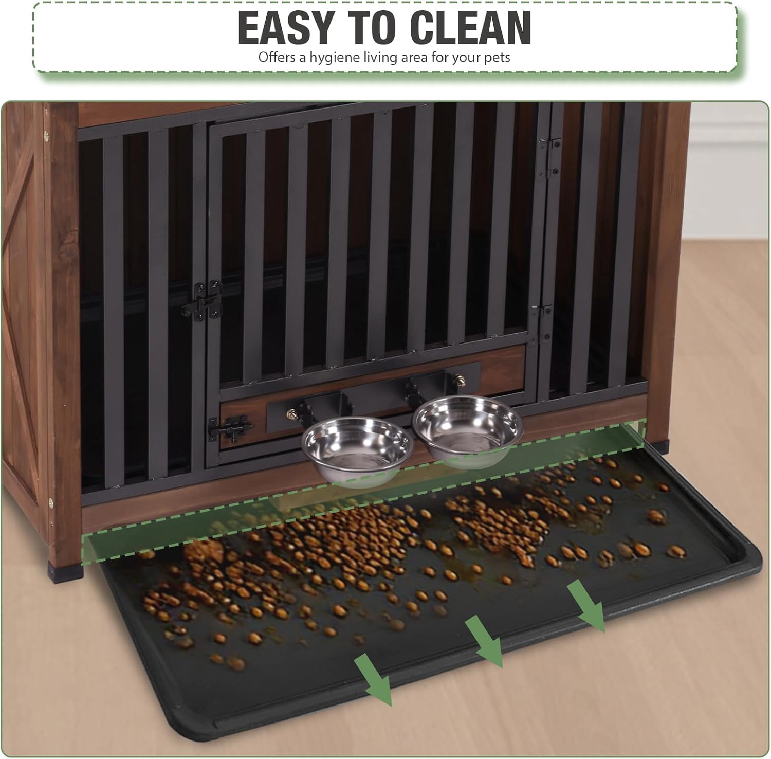 MEDEHOO 33.3’’ Dog Crate Furniture, Folding Dog Crates with 360° Rotating Bowls, Wooden Puppy Cage Kennel with Metal Frame for Small & Medium Dogs Indoor, Removable Tray and Floor (Brown)