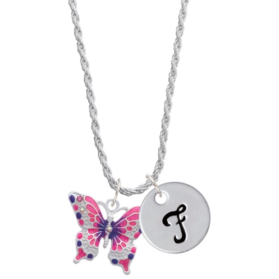 Delight Jewelry Silvertone Large Hot Pink & Purple Butterfly Silvertone Script Initial Disc - F - Charm Necklace, 20"+3"