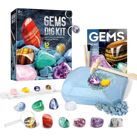Piano Potato Gems Dig Kit for Kids, STEM Science Toy with 12 Genuine Gemstones - Archaeology Excavation Kit Includes Keychain & Display Stand, Educational Gift for Boys & Girls Ages 6 