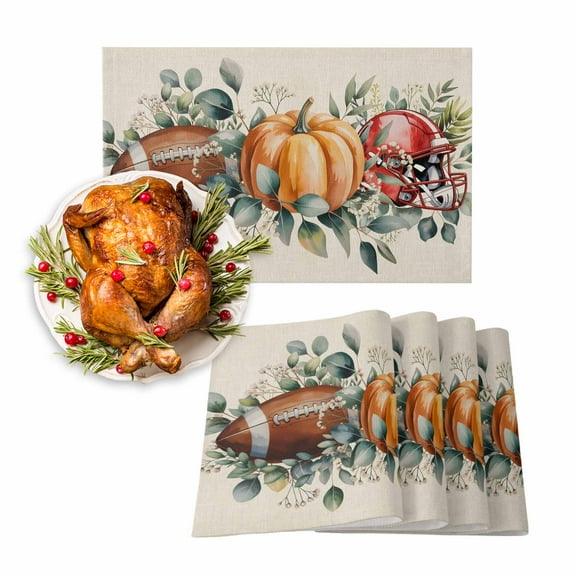 Fall Placemats Set of 6 Rugby Pumpkins Place Mats Thanksgiving Placemat Football Eucalyptus Leaves Table Mats for Dining Kitchen Table Holiday Dinner Party Home Fall Decorations 13x19 Inch