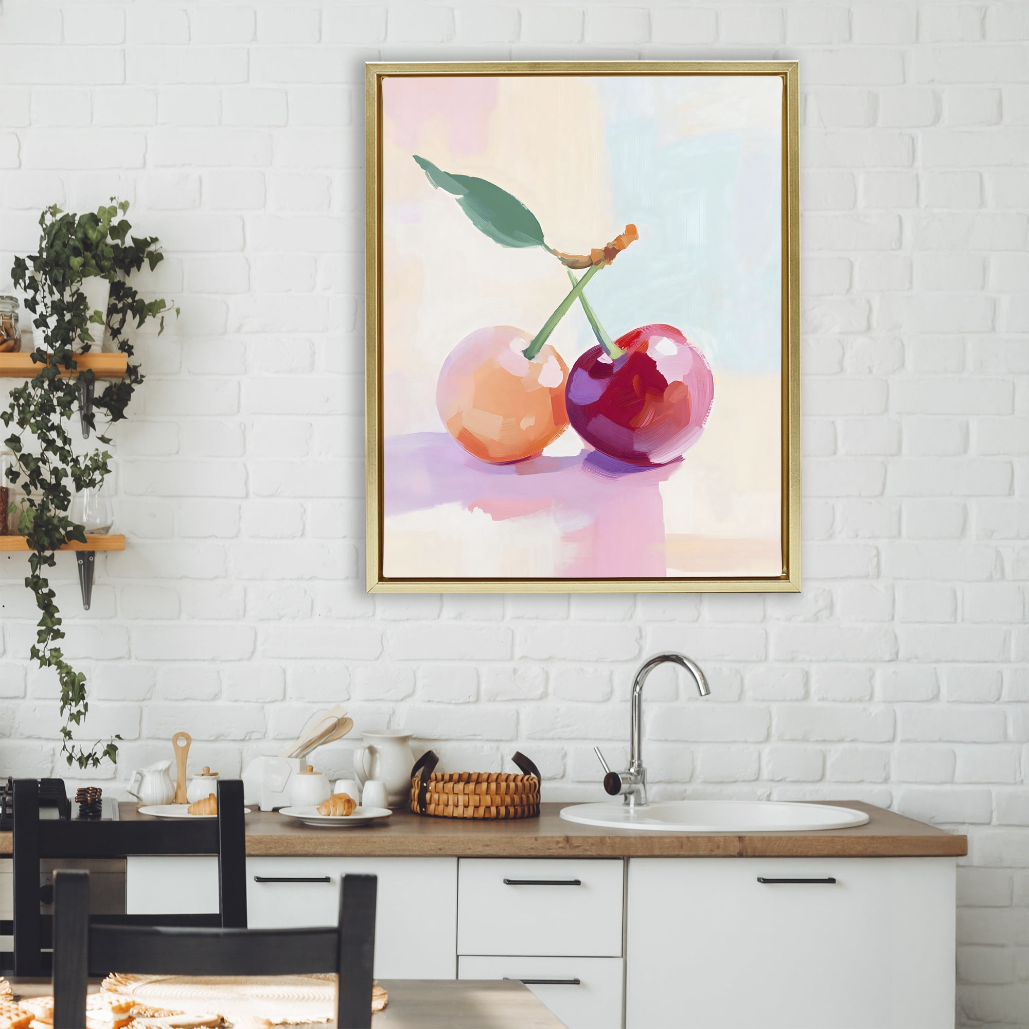 Stupell Industries Pastel Cherries Pair Gold Framed Floater Canvas Wall Art, design by The Prints Vibe