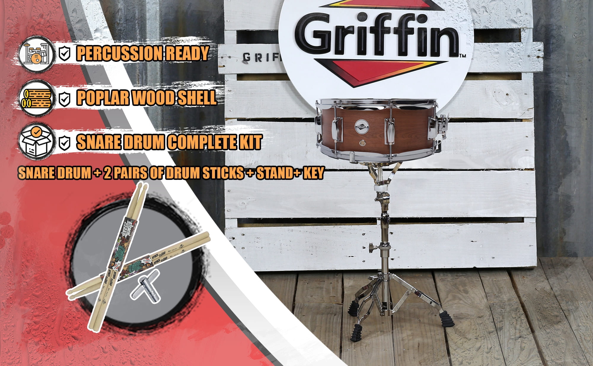 Snare Drum Set by GRIFFIN - Includes Snare Stand, 2 Pairs of Maple Drum Sticks & Drum Key | Wood Shell Drum Set, Chrome Holder Acoustic Marching Percussion Musical Instrument Practice Package