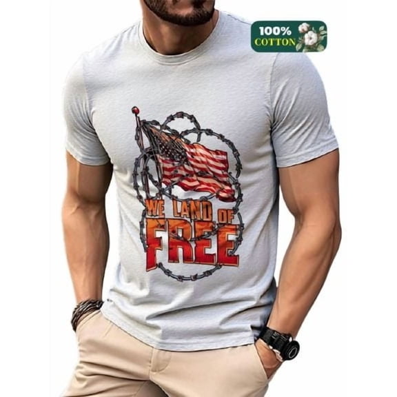 Whichone Men's 100% Cotton T-shirt The American flag and the letters of freedom Print Stylish Daiyly Wear Sizes S-2XL