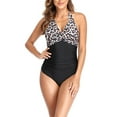 thumbnail image 4 of Womens One Piece Swimsuits Shirred Tummy Control Bathing Suits Halter Front Twist Color Block Monokinis Swimwear, 4 of 6