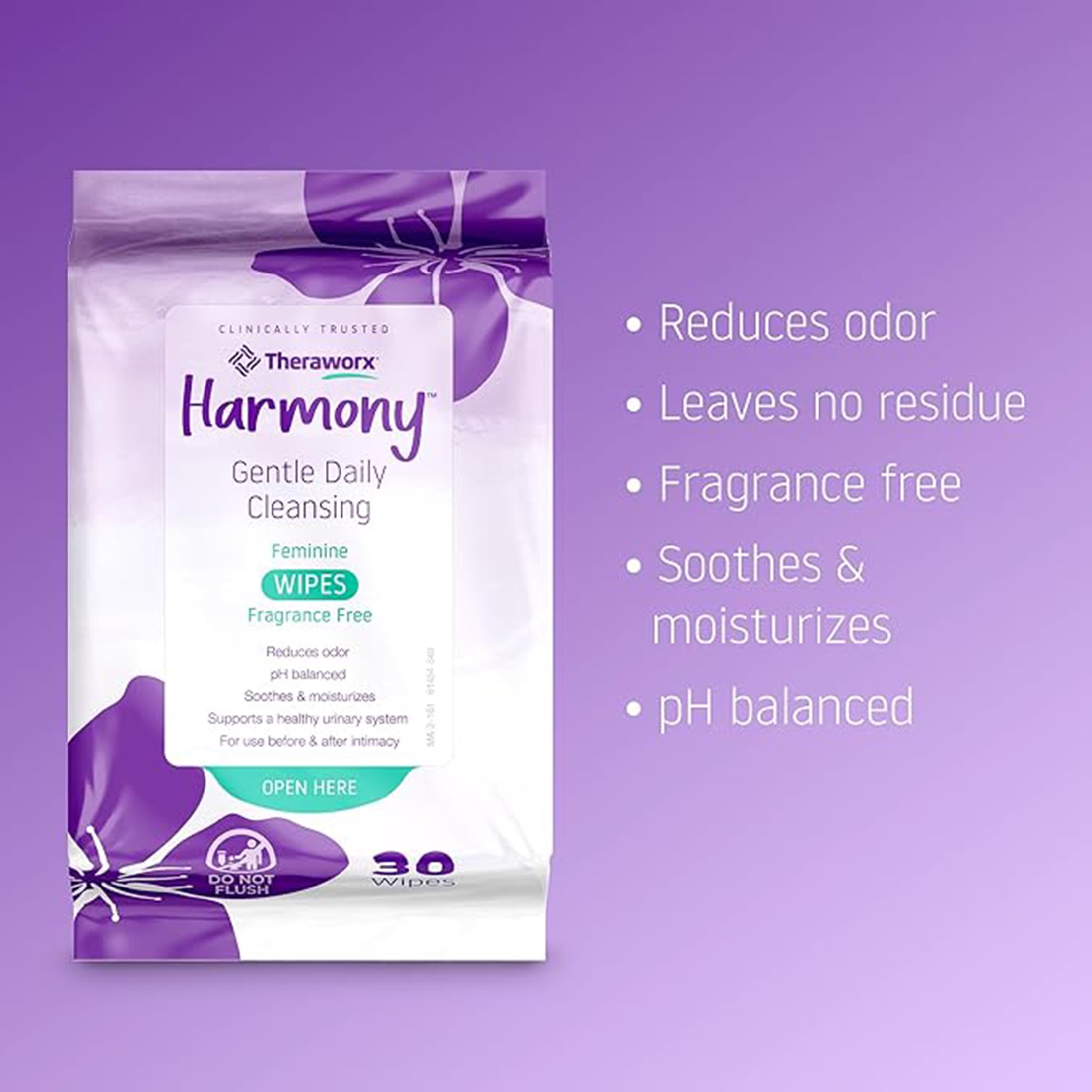 (2 pack) Theraworx Harmony Gentle Daily Cleansing Wipes, Feminine Care, Fragrance-Free, 30-ct