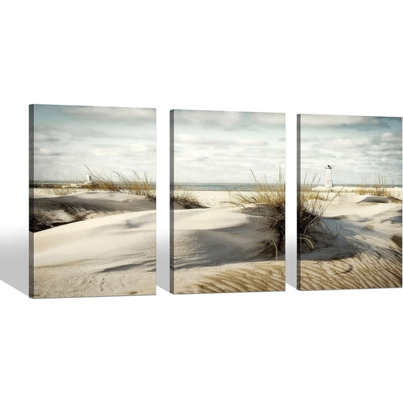 Beach Canvas Wall Art: 3 Panel Coastal Seaside Dune Picture Seascape Seagrass Artwork Lighthouse Painting Print for Bedroom (12x16)
