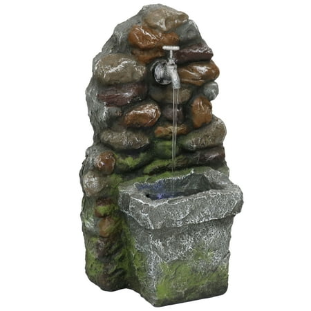 Sunnydaze Rock Surface Outdoor Water Fountain with Basin and Spigot, Includes LED Light and Electric Submersible Pump,