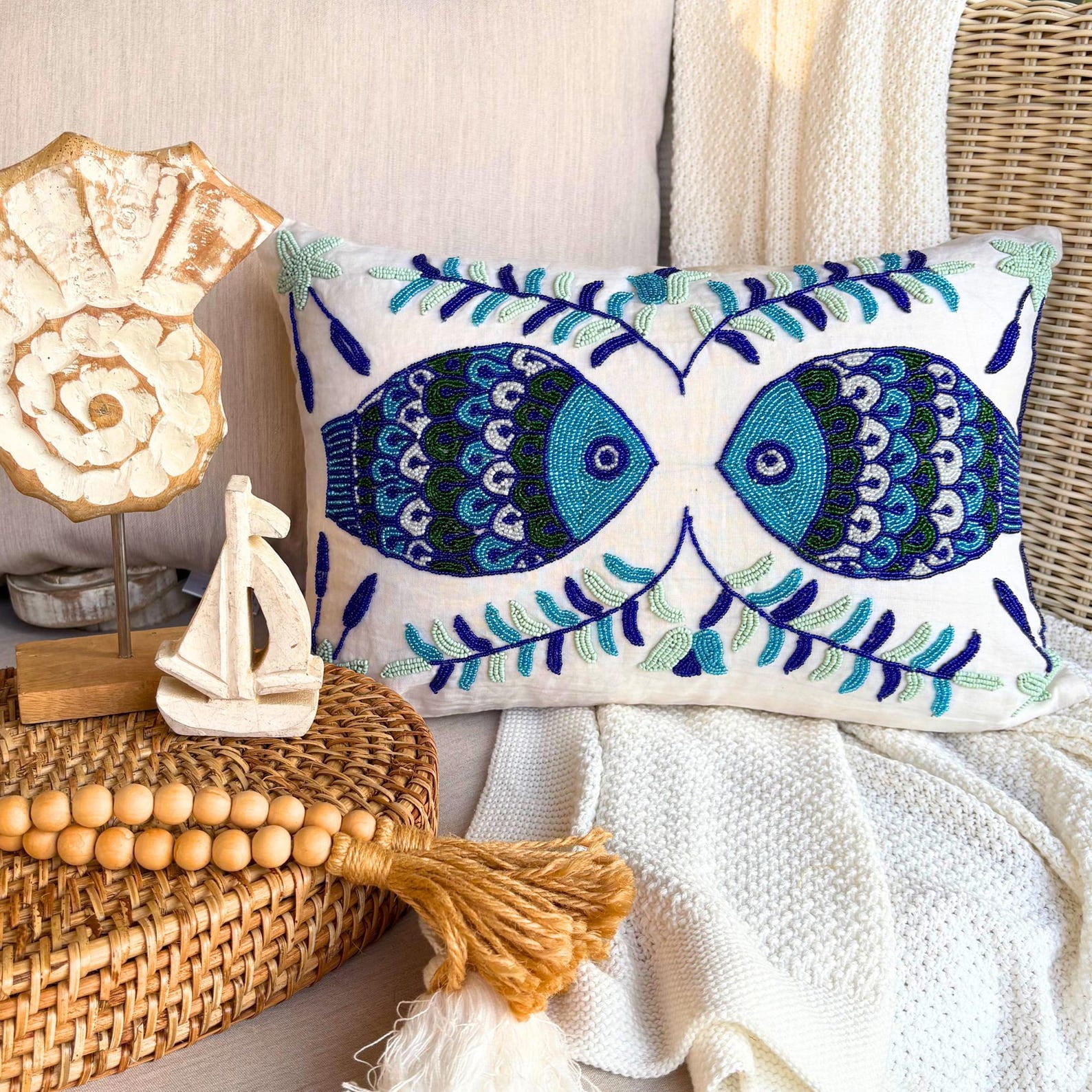 Decorative Oblong / Lumbar Throw Pillow Covers Accent Pillows Couch Sofa Pillow Case 12x22 inch (30x55 cm) White Silk Dupioni Bead Embroidery - Fish Tales