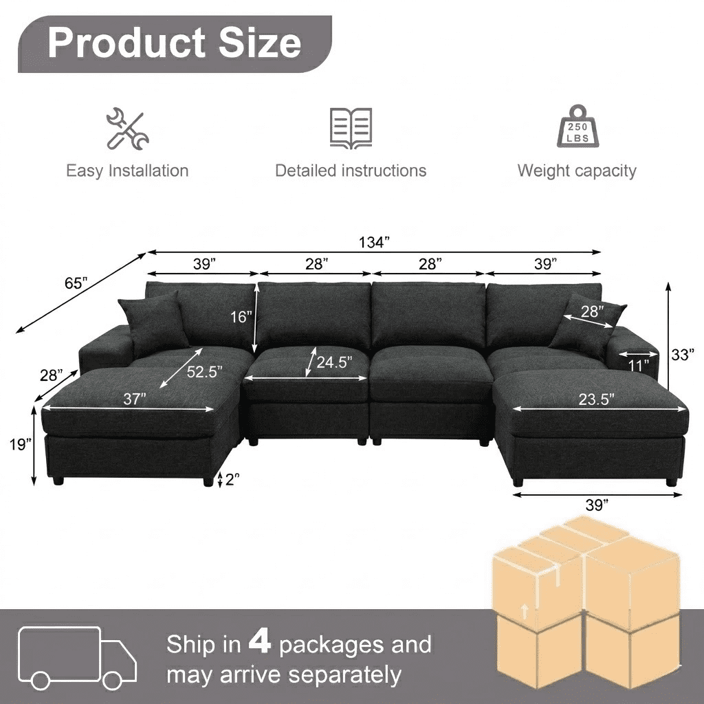 Howcool Cloud Couch Modular Sectional Sofa 6 Seat 134" U Shaped Convertible Couch Linen Thick Cushion with 2 Storage Ottomans and Toss Pillows Washable Removable Cover for Living Room,Charcoal Black