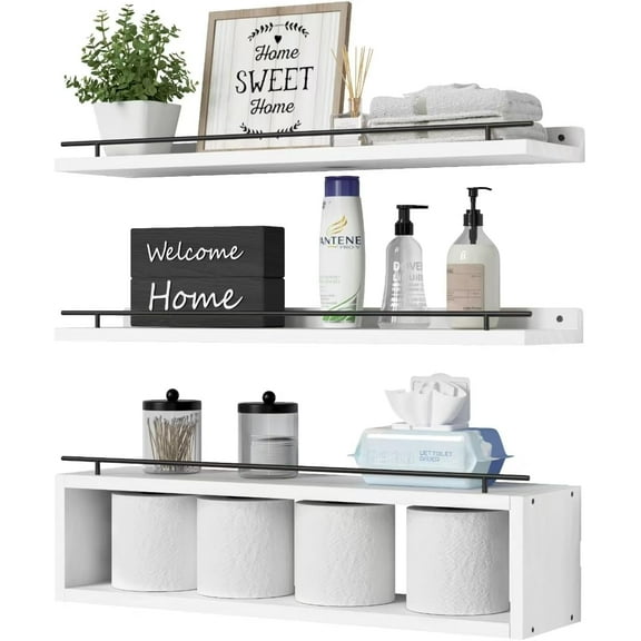 Floating Shelves for Wall 24 inch with Cube Shelf, Wall Shelves with Metal Rail for Bathroom Decor, Bathroom Organizers and Storage, Over Toilet Shelves, Toilet Paper-White