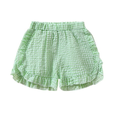 larppty Toddler Baby Girl Ruffle Shorts Gingham Plaid/Stripe Elastic Waist Shorts Pants Bottoms Casual Summer Outfit(Green 9-12 Months)