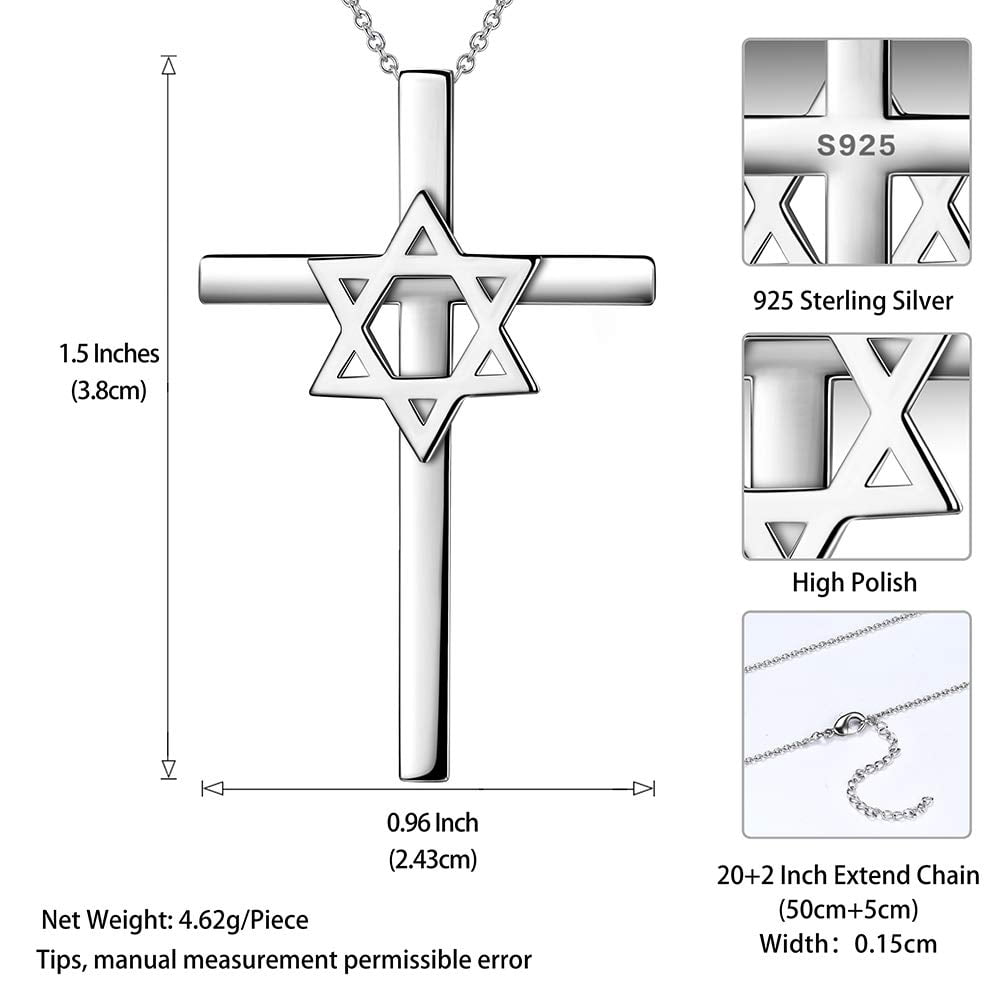 Magen Star of David Cross Necklace 925 Sterling Silver Religious Pendant Judaica Amulet Jewelry Valentine's Day Gifts for Women Mens Dad