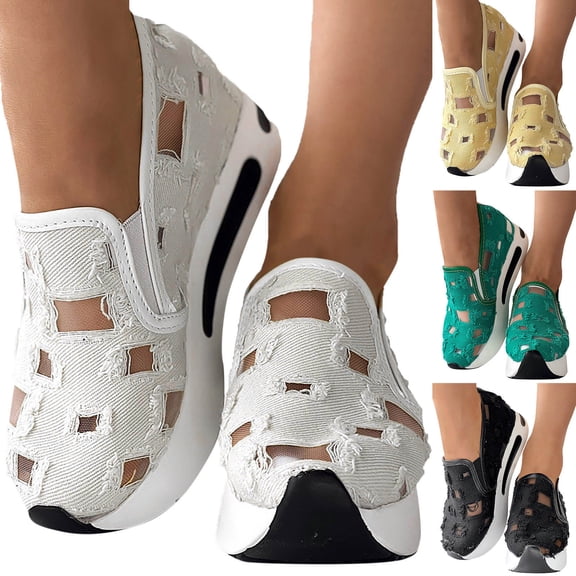 Dakaela Women's Slip on Sneakers Patchout Platform Casual Walking Shoes Comfortable Wedge Tennis Shoes for Gym Travel Work Black 6