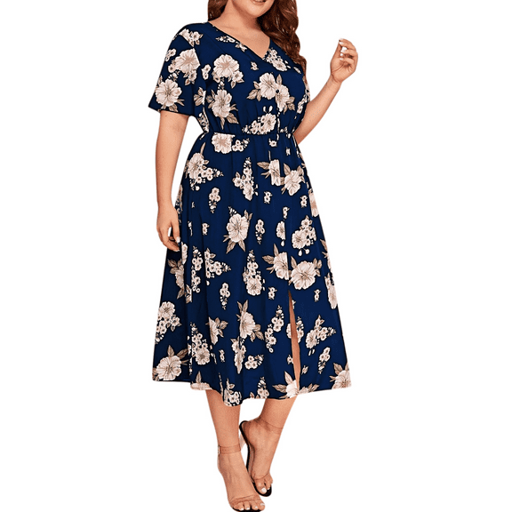 Cuteduck Women's summer casual plus-size Bohemian-style swing wrap dress with floral prints, V-neck and cinched waist, flowing and elegant mid-length dress 1X-5X