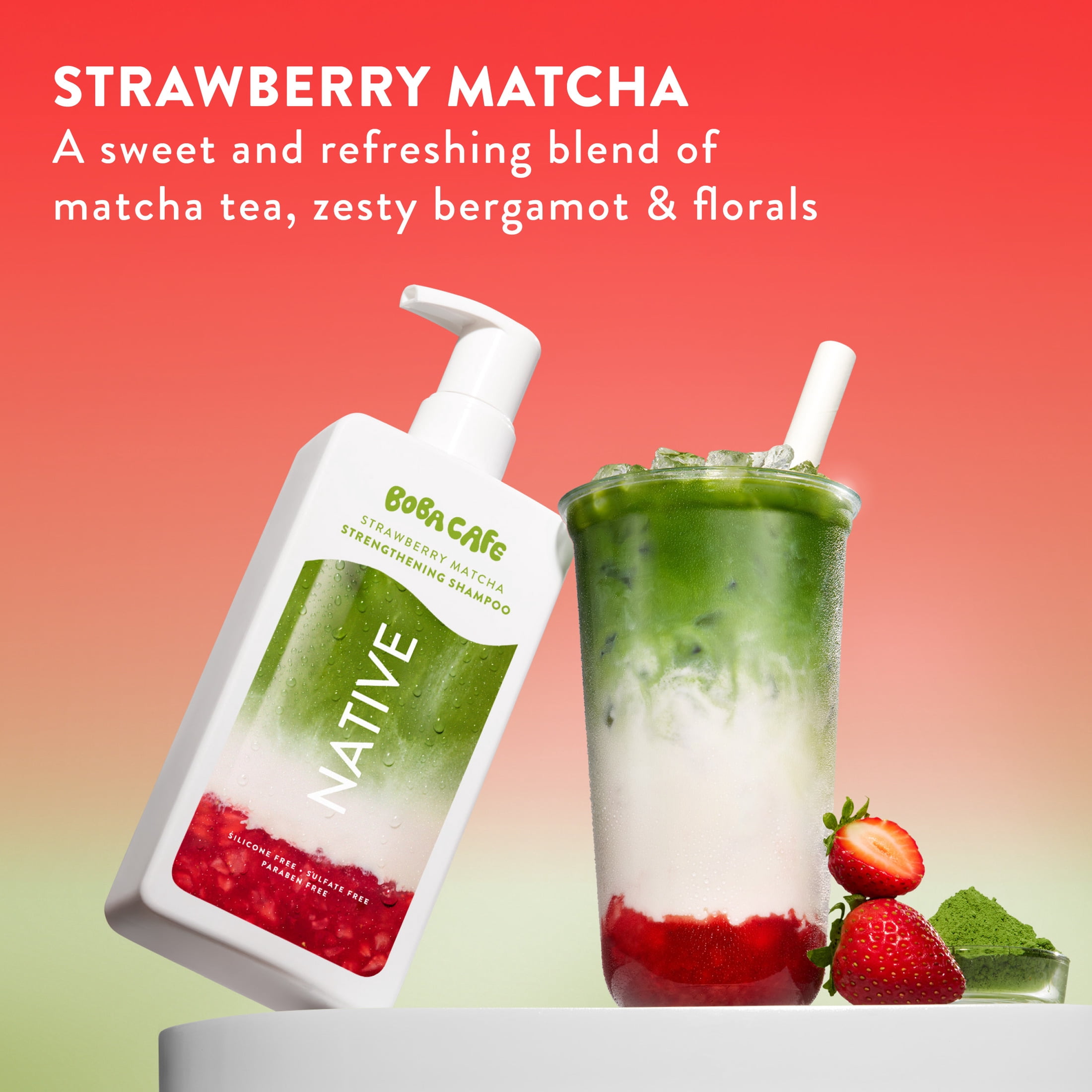 Native Strengthening Shampoo, Limited Edition Strawberry Matcha, Sulfate Free Shampoo for Women and Men, Boba Café, 16.5 fl oz