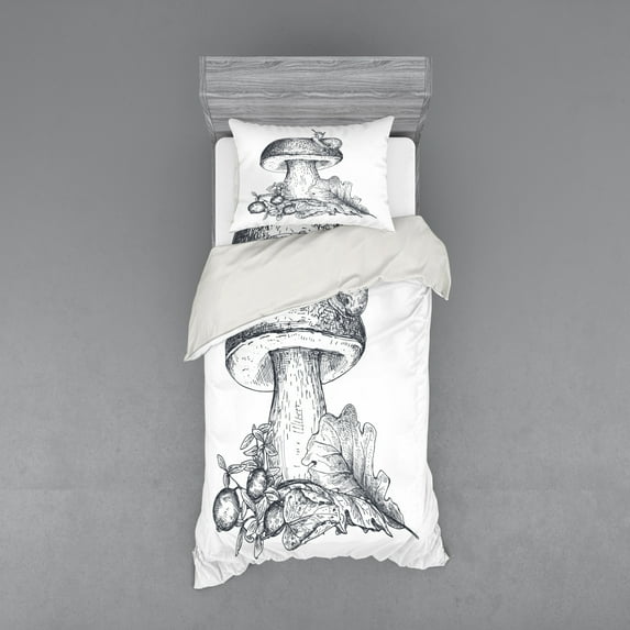 Ambesonne Autumn Bedding Set 3 Pcs, Mushroom and Snail Maple, Twin XL, Dark Blue Grey