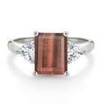 thumbnail image 2 of Gem Stone King 10K White Gold Red Tiger Eye and White Moissanite 3 Stone Engagement Ring for Women (2.46 Cttw, Emerald Cut 9X7MM, Gemstone Birthstone, Size 6.5), 2 of 4