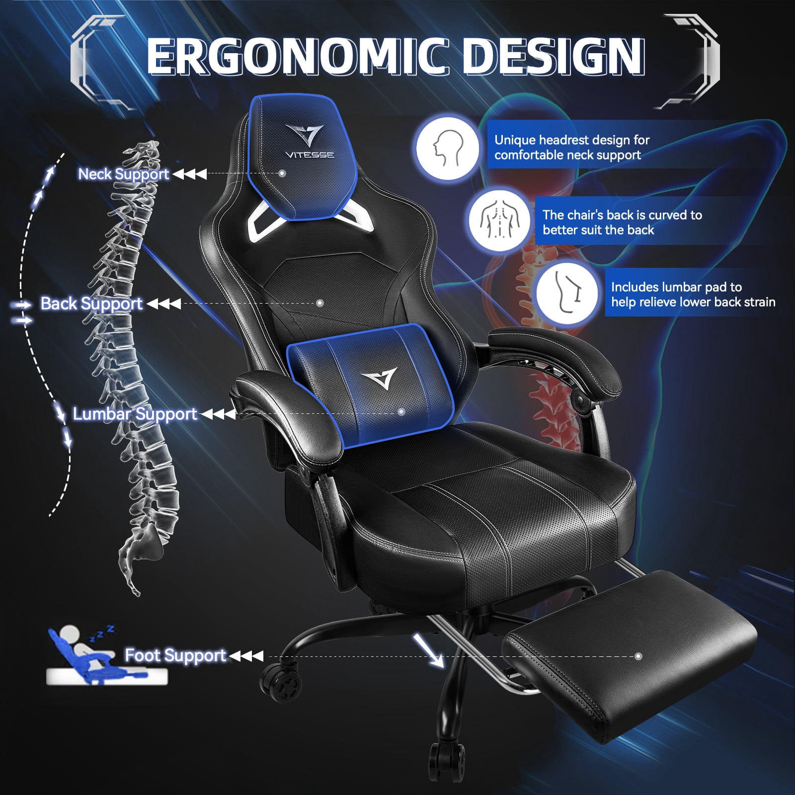 Waleaf Gaming Chair Ergonomic Office Chair with Footrest and Lumbar Support, Height Adjustable High Back Gamer Chair with Headrest for Adult