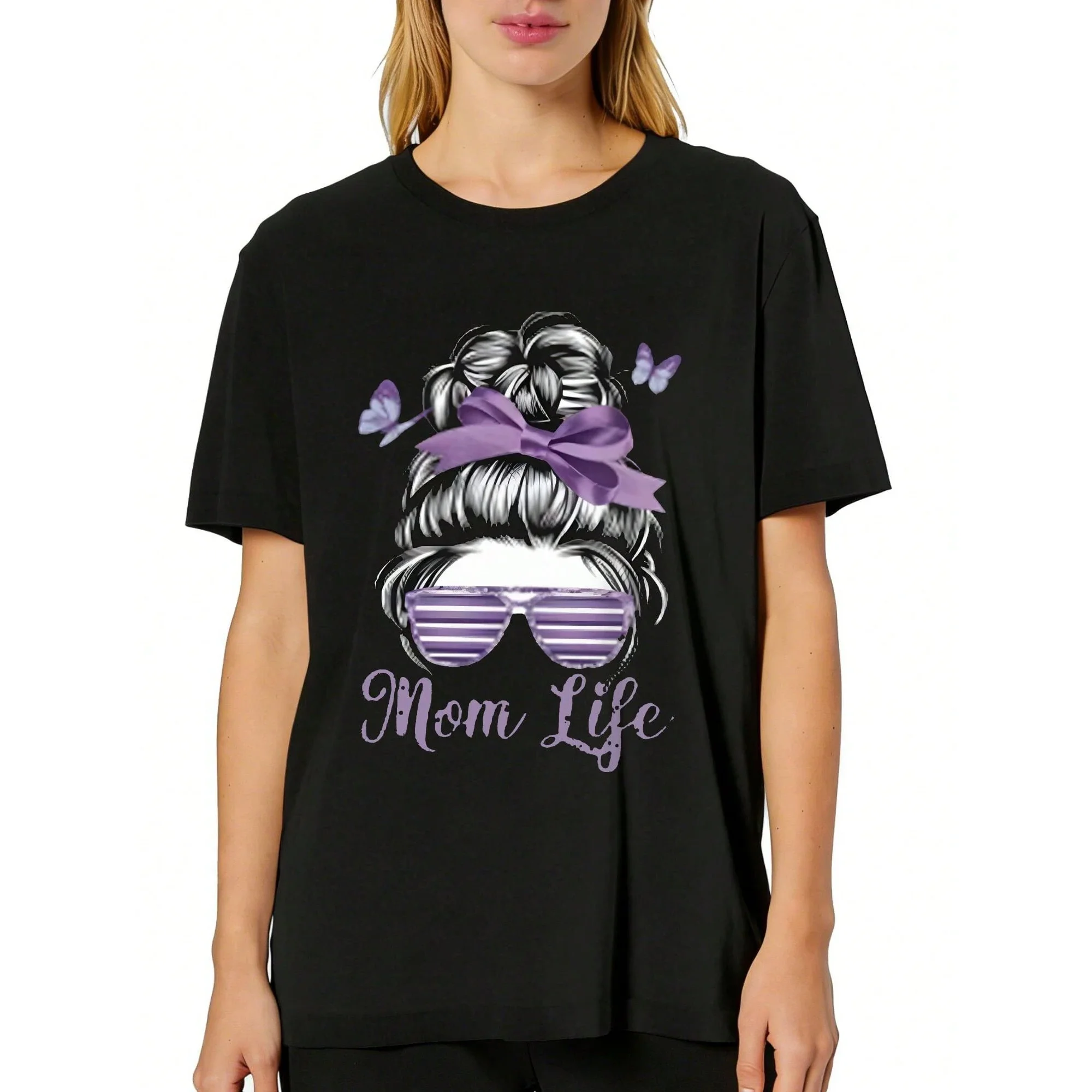 Women's Funny Mom Life Messy Bun Purple Sunglasses Butterfly Graphic T-Shirt Trendy Casual Short Sleeve Summer Tee Top