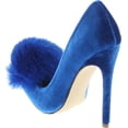 thumbnail image 3 of Liliana Affair Velvet Pointy Toe Stiletto High Heel Fur Pom Slip On Pump Slide Shoe Blue, Blue, 6, 3 of 7