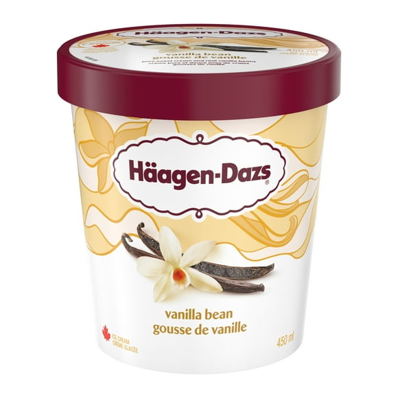 HAAGEN-DAZS Vanilla Bean Ice Cream, Madagascar Vanilla, Sweet Cream, Flecks of Real Vanilla Bean, Canadian Dairy, No Artificial Colours or Flavours, Made in Canada 450 mL, E-HAGEN DAZS HD VANILLA BEAN