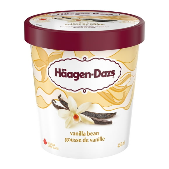 HAAGEN-DAZS Crème glacée Gousse de vanille, van. Madagascar, crème douce, flocons de vraie gousse de vanille, prod. laitiers can., sans colorants ni arômes artificiels, faite au Canada 450 mL HAGEN DAZS HD GOUSSE DE VANILLE