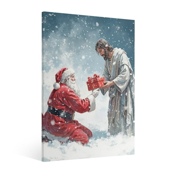 Vintage Christmas Santa Claus and Jesus Wall Art Paint - Retro Xmas Festive Winter Holiday Christmas Wall Decor Canvas for Living Room Kitchen Bathroom Home Bedroom Decor Framed