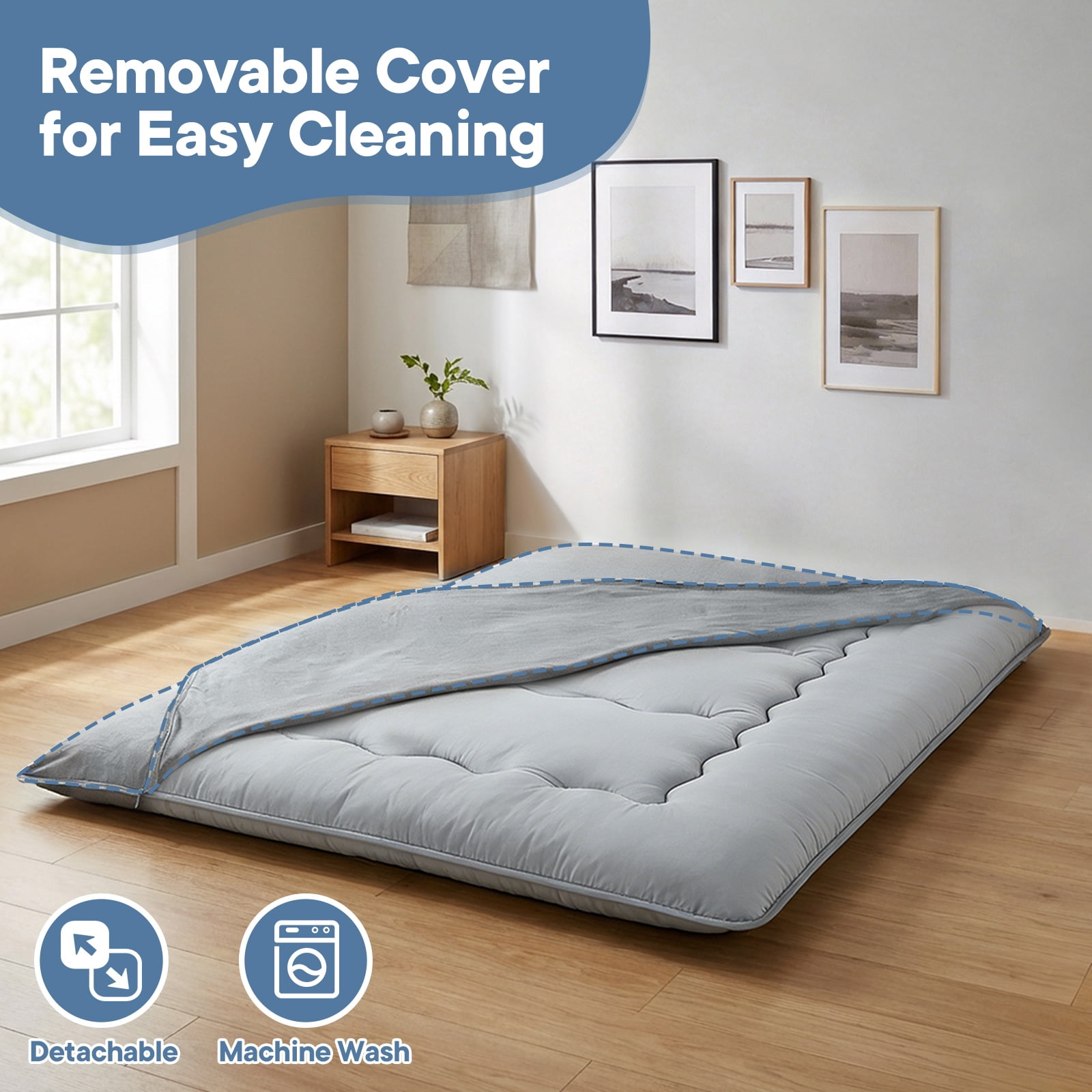 Sweetcrispy Full Japanese Floor Mattress with Washable Cover, Folding Memory Foam Sleeping Mat for Dorm, Camping & Guest Room, Gray