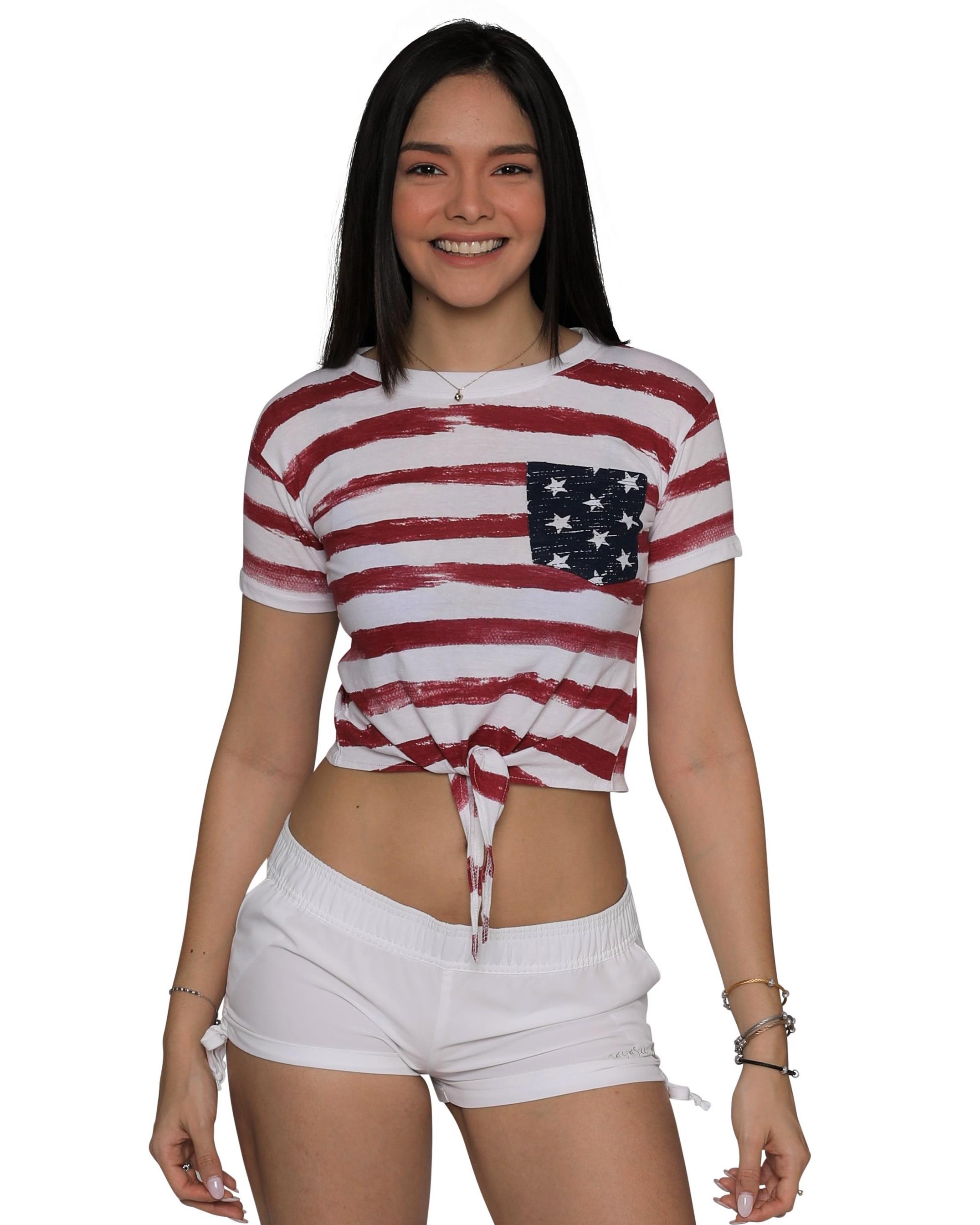 U.S. Vintage Knot Front Cuffed Sleeve / Sleeveless Stars and Stripes Crop Top Tee USA Patriotic T-Shirt, Stripes, Size: X-Small - image 1 of 2