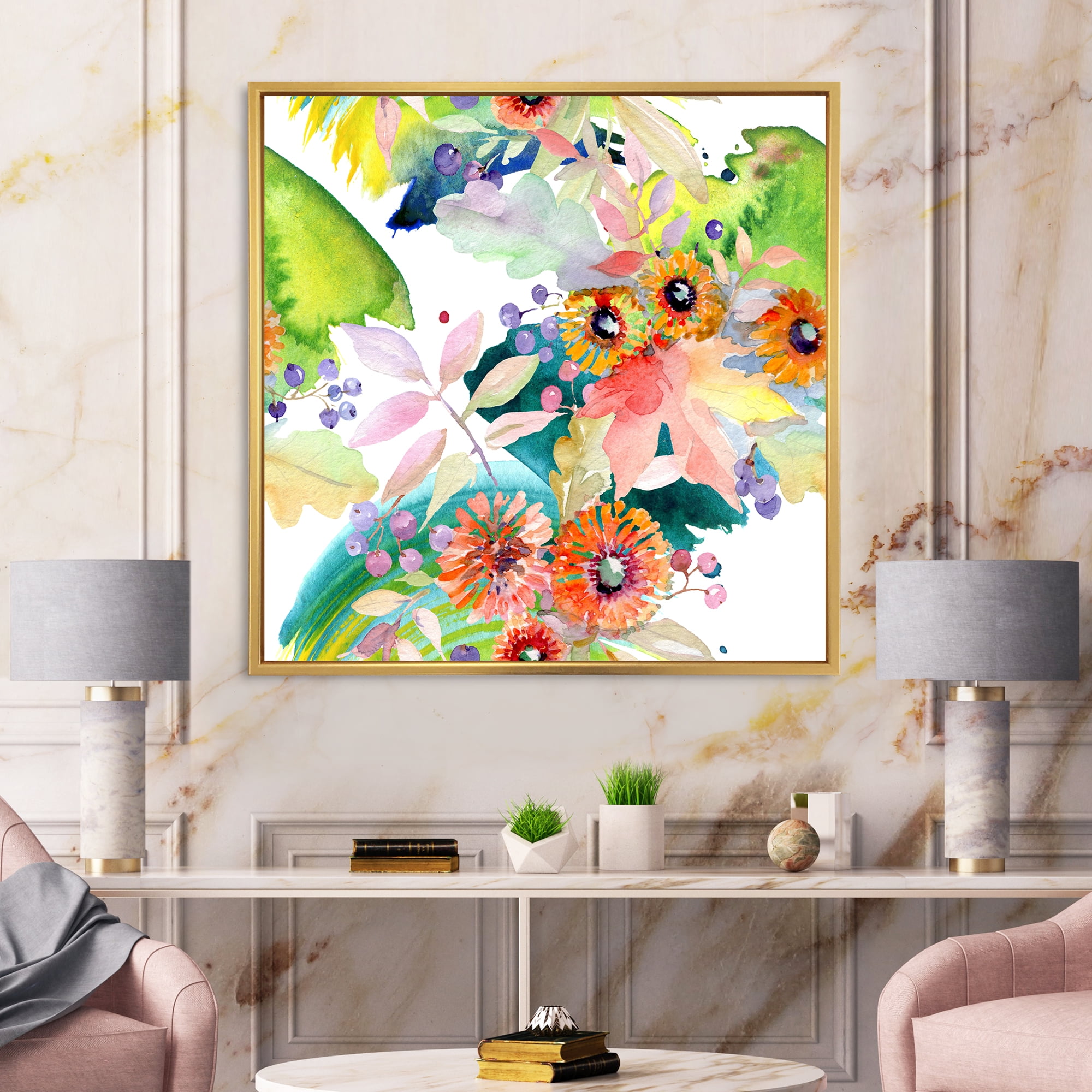 Designart 'Vital Wild Spring Leaves and Wildflowers III' Modern Framed Canvas Wall Art Print