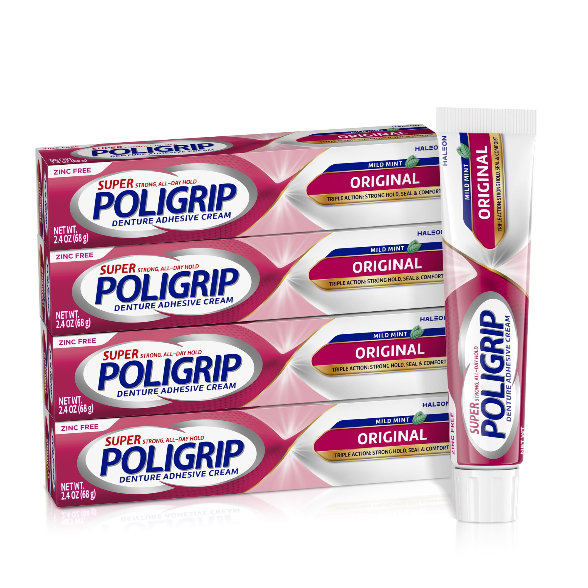 Poligrip Original Denture Adhesive Cream, Fresh Mint Flavor, Zinc-Free - 2.4 Oz (4 Pack)