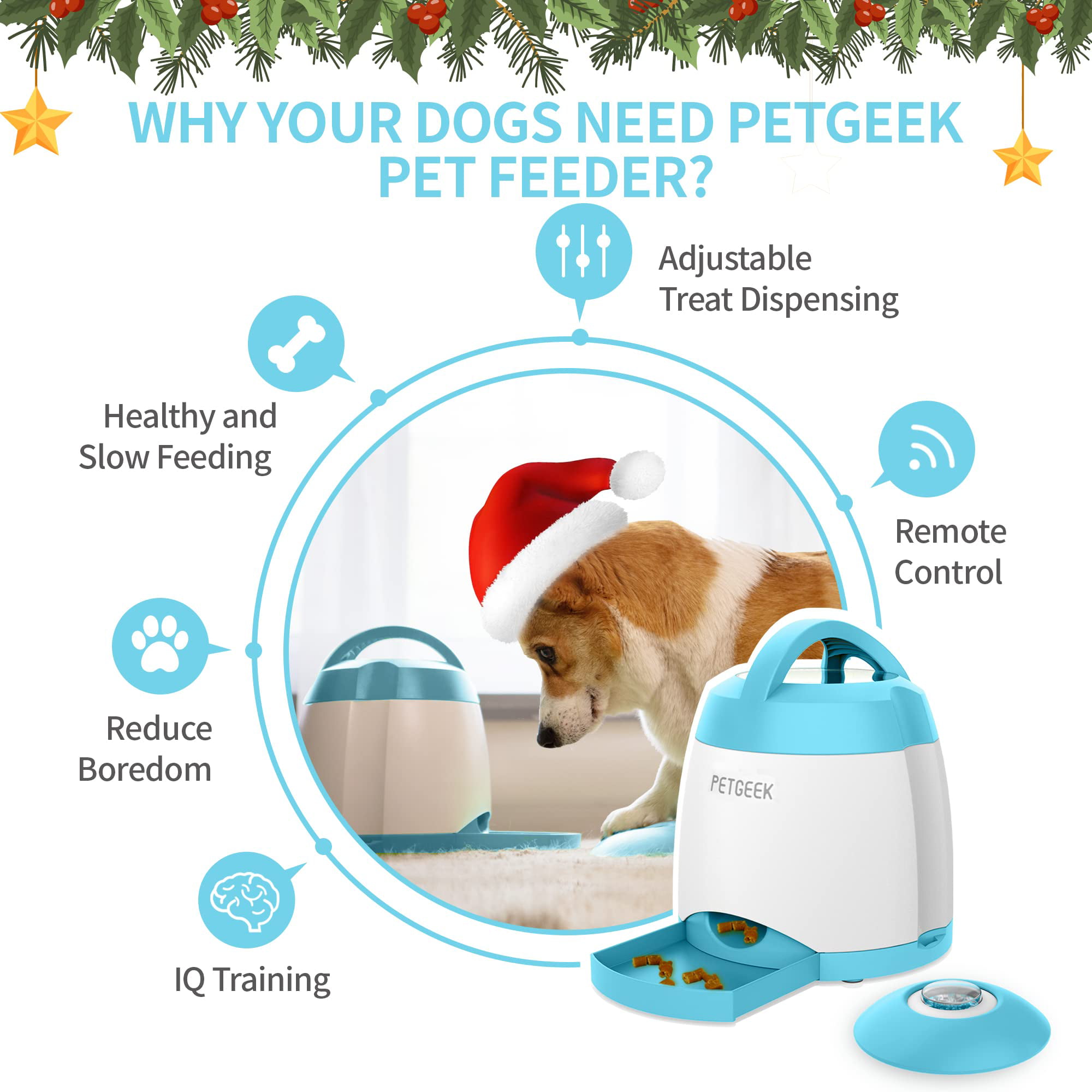 PETGEEK Treat Dispenser Dog Toys, Automatic Pet Feeder with Dual Power Supply and Remote Control, Dog Puzzle Toys and Interactive Dog Toys in One