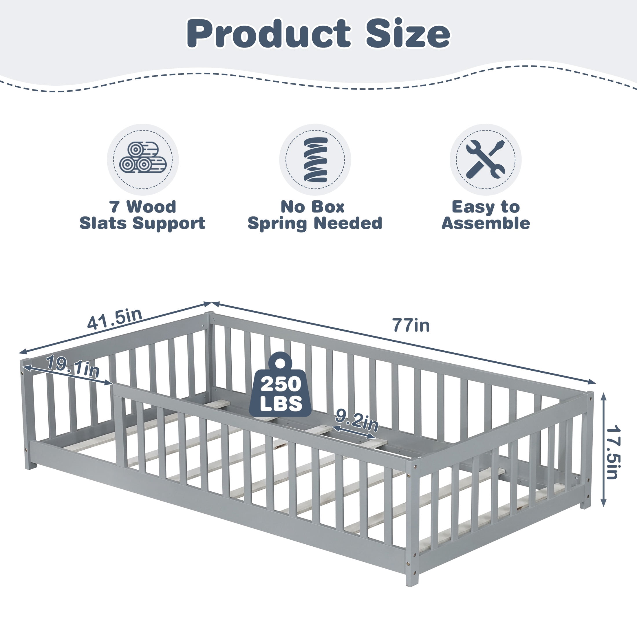 PORKISS Twin Floor Bed with Guardrails, Gray Montessori Floor Bed Frame for Kids, Wood Toddler Bed Frame with Slats, Low Profile Kids Bed, Open Entry, No Box Spring Needed