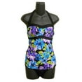 thumbnail image 2 of Tropical Escape Womens Black & Purple Halter 1 Piece Swimsuit Tankini Blouson 12, 2 of 2