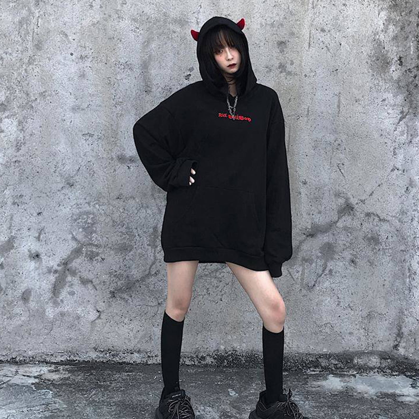 Sardfxul Girls Cute Devil Wing and Horns Hoodie Oversized Top
