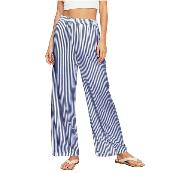 Striped Pants for Women Trendy Summer Casual Lightweight Beach Long Pants Wide Leg Pull On Trousers (M, Blue)