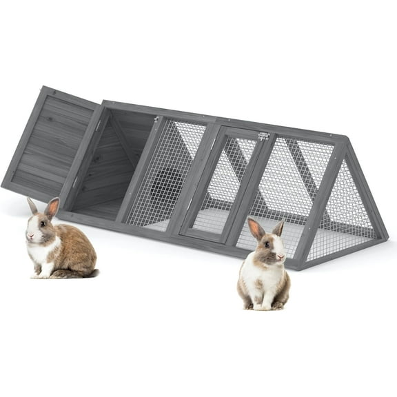 Rabbit Hutch, Small Chicken Coop Outdoor A-Frame Quail Cage with 2 Door & Run Cage Wooden Triangle Quail Hutch with Ventilating Wire Poultry Hutch for Small Animal (Gray)