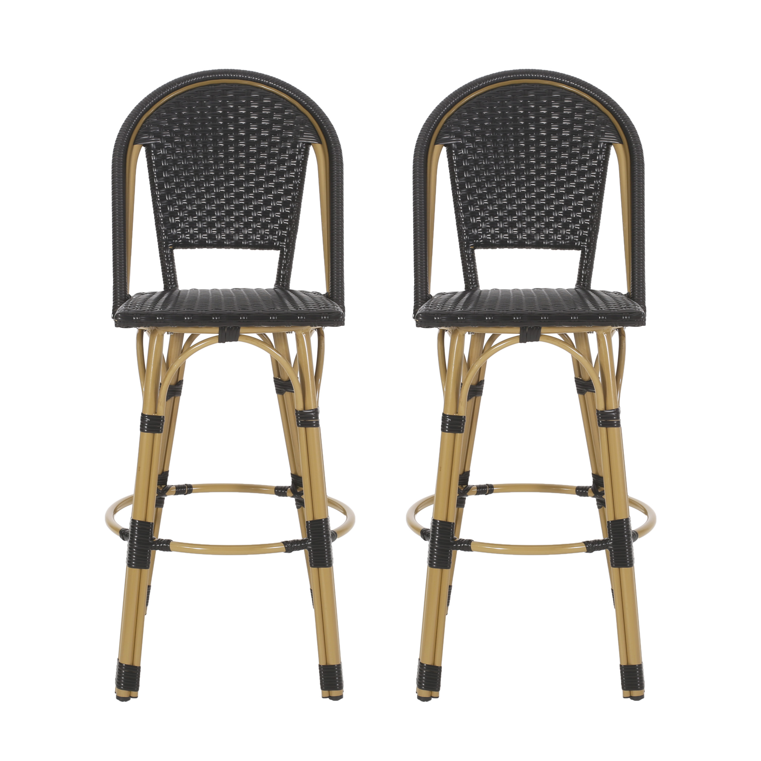 Cortina Wicker and Aluminum Outdoor 29.5 Inch Barstools, Set of 2, Black and Bamboo Finish