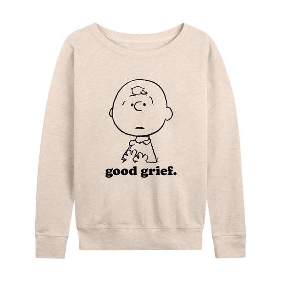 Peanuts - Good Grief Charlie Brown Face Lightweight French Terry Wide Neck Long Sleeve Graphic Shirt