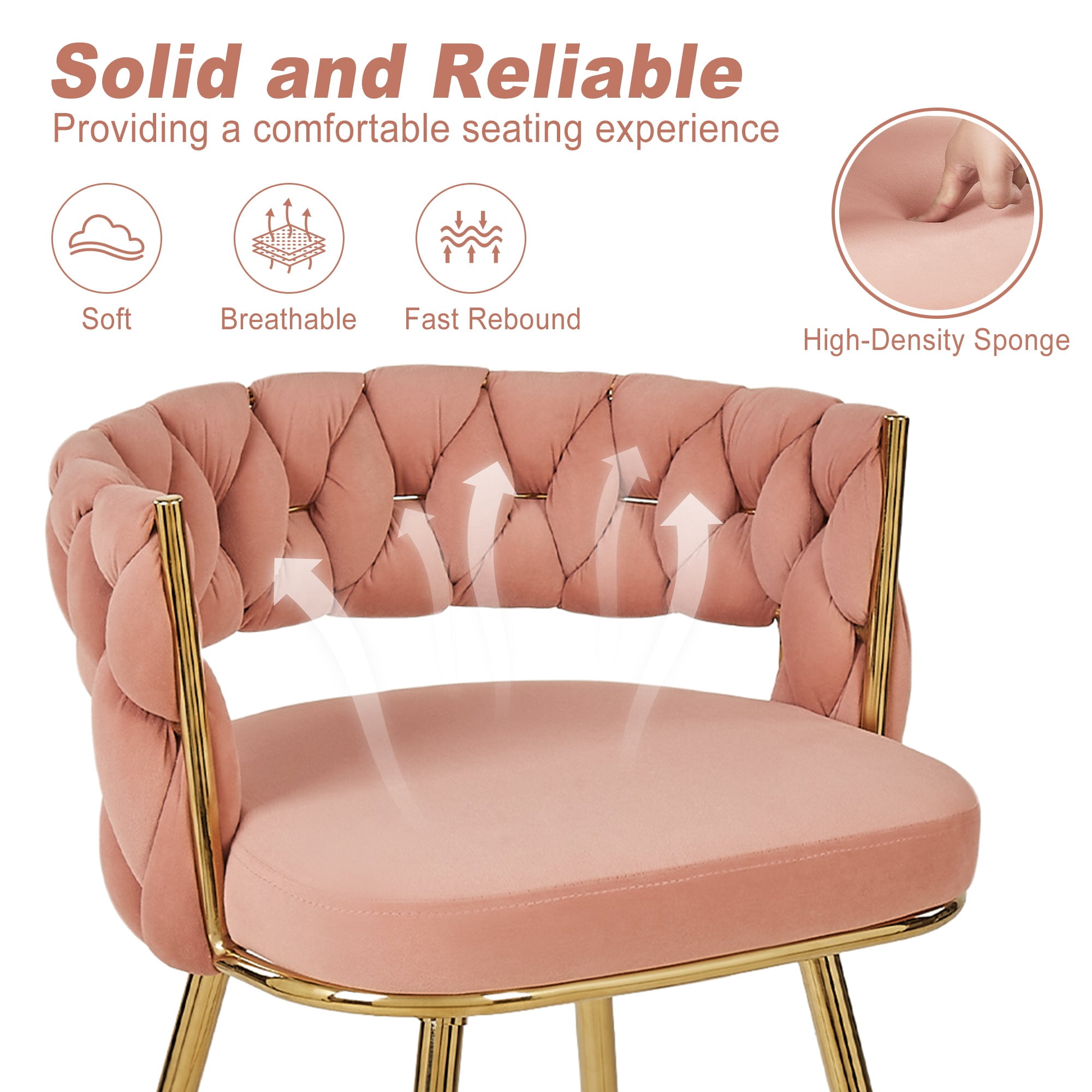 VECELO Modern Braided Bar Stools Set of 2 – Velvet Counter Height Upholstered Stools with Woven Back Support & Footrest, Heavy-Duty Metal Frame Bar Chairs for Kitchen Island,Pink