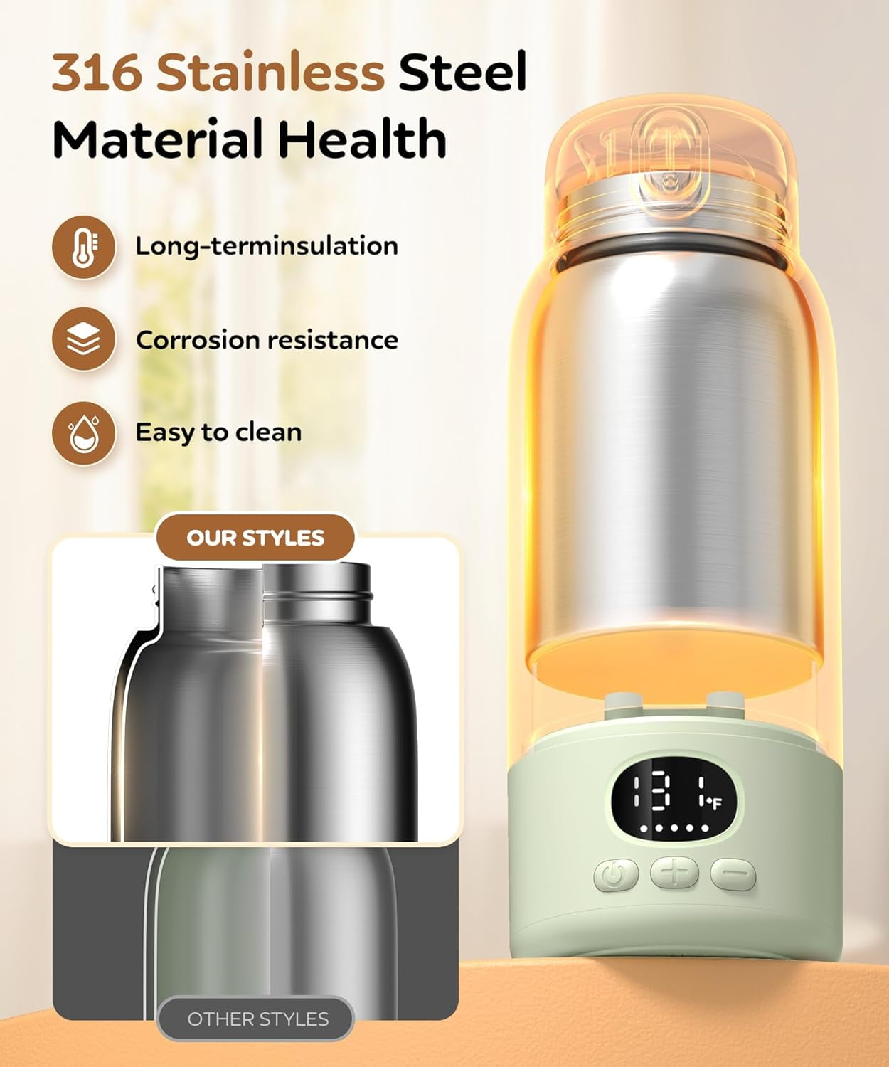 Portable Bottle Warmer for Travel,Milk Warmer for Baby Breastmilk with Fast Heating & Precise Temp Control, Bottle Warmer for Car, Outdoors, 17 Ounces Large Capacity,Green