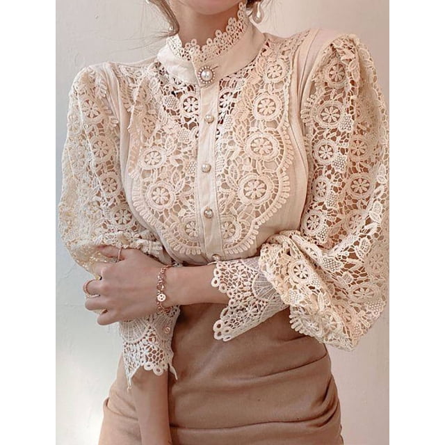 Camisa de cuello alto con boton de gasa para mujer, elegantes chic, de encaje floral, mullido, de manga larga, blusa blanca de gran tamaño hueca a la moda 2024