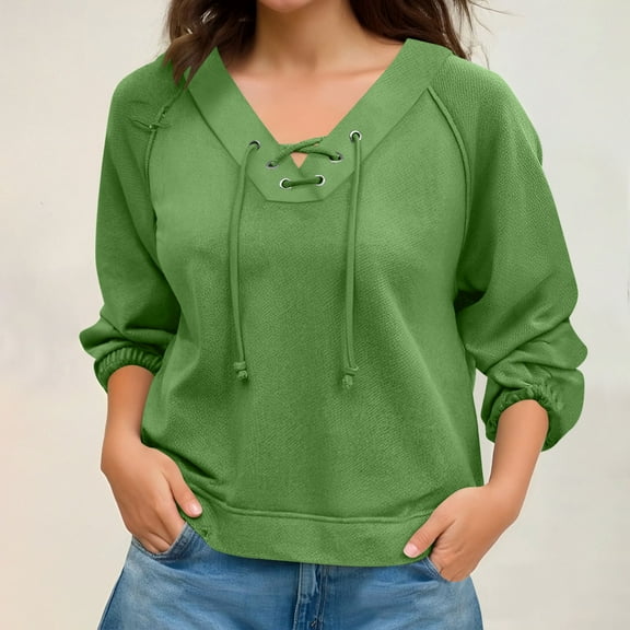 CQONEPT Women's Sweatshirts V Neck Drawstring Long Sleeve Blouse Trendy Pullover Fall Winter Solid Tunic Tops Green XXL