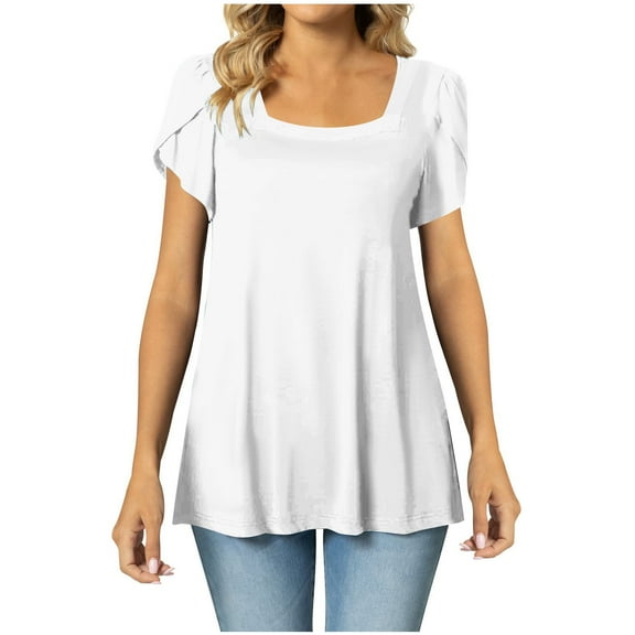 Womens Summer Petal Sleeve Tops Square Neck Solid Color Casual Office Work Blouses Loose Dressy Basic Tunics T Shirts
