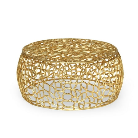 Benjara Coffee Table- 28" Round Plinth Mesh Design- Open Gold Metal Frame